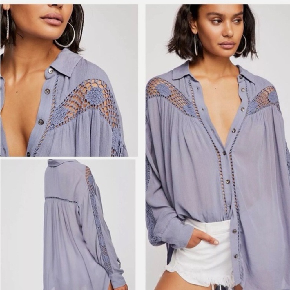 Free People Katie Bird Periwinkle Blue Crochet Oversized Button Down Blouse XS